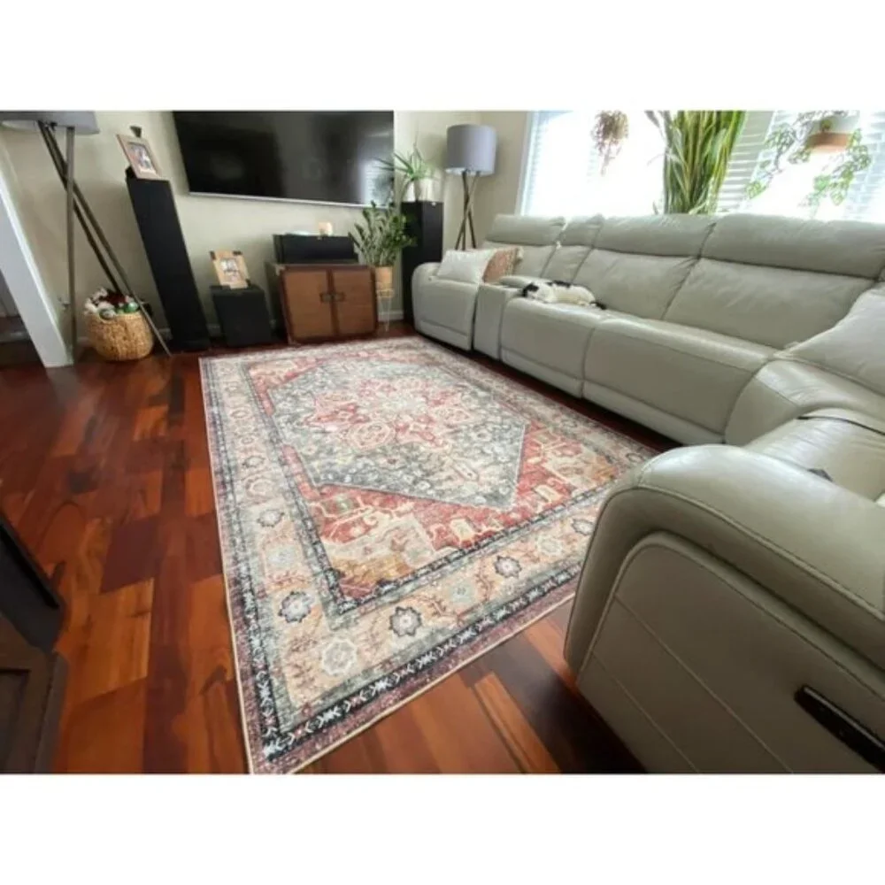 New 6x9 Red Khaki Washable Vintage Rug Non-Slip Floral Carpet for Living Room
